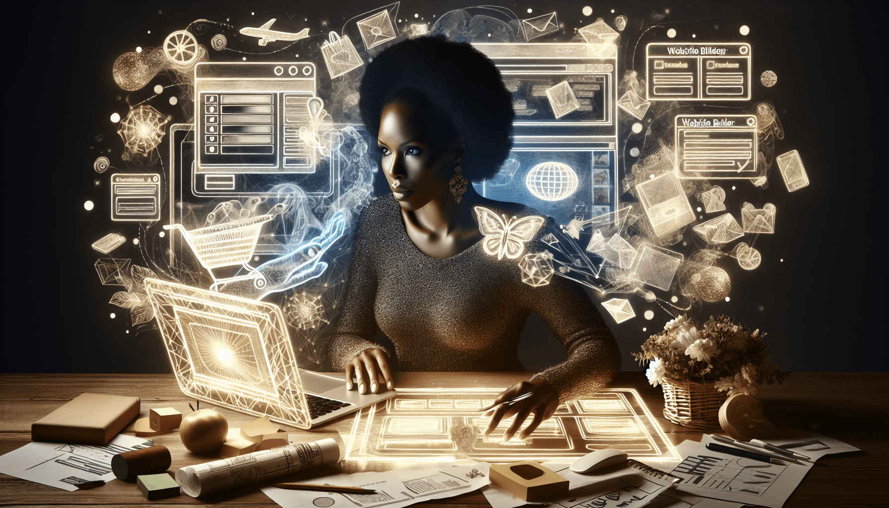 A Black woman sitting at a bright, luminous desk, focused on her open laptop displaying abstract website builder interfaces. The workspace is cluttere