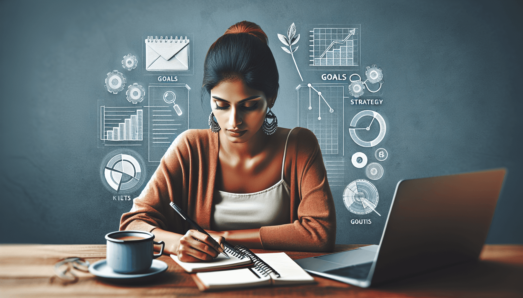 A South Asian woman focused on writing in a notepad at a desk, surrounded by a laptop and a coffee cup. Visual representations of charts and graphs de