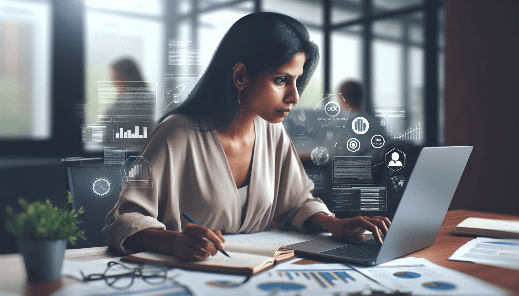 A South Asian woman with long dark hair, wearing a professional outfit, sits intently at a sleek laptop in a modern office. She is surrounded by color