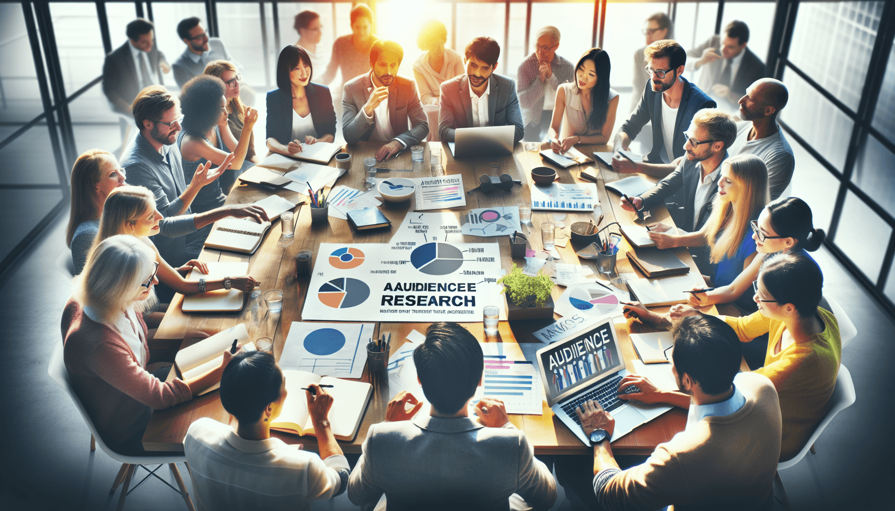 A diverse group of individuals, including Caucasian, Asian, and Hispanic descent, engaged in a lively brainstorming session around a table filled with