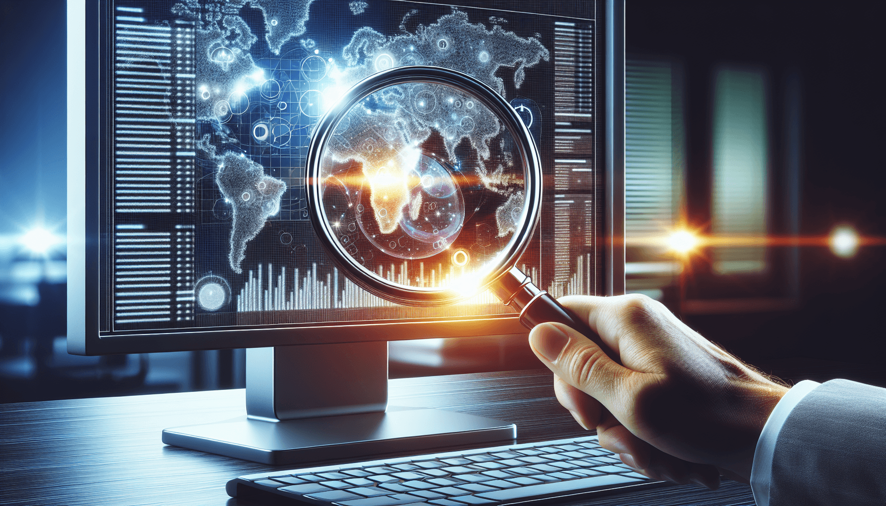 A hand holding a magnifying glass over a computer screen displaying search engine results.