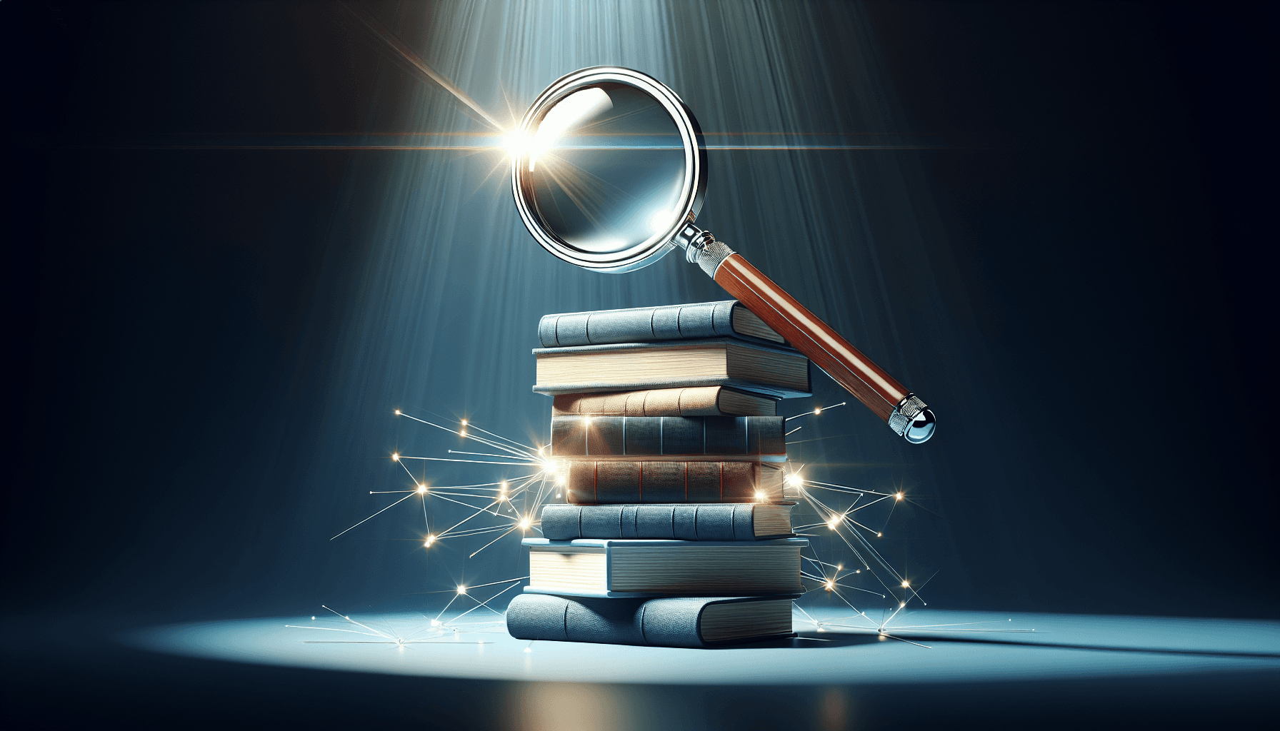 A magnifying glass hovers above a stack of books, emitting a beam of light onto the books.