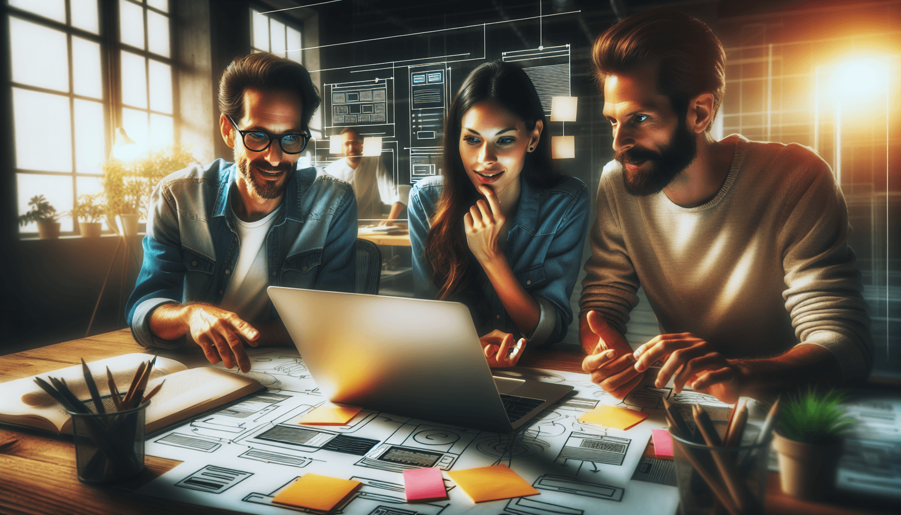 A Caucasian woman, a Hispanic man, and an Asian man engaged in a collaborative discussion around a laptop in a bright, modern office. The workspace is