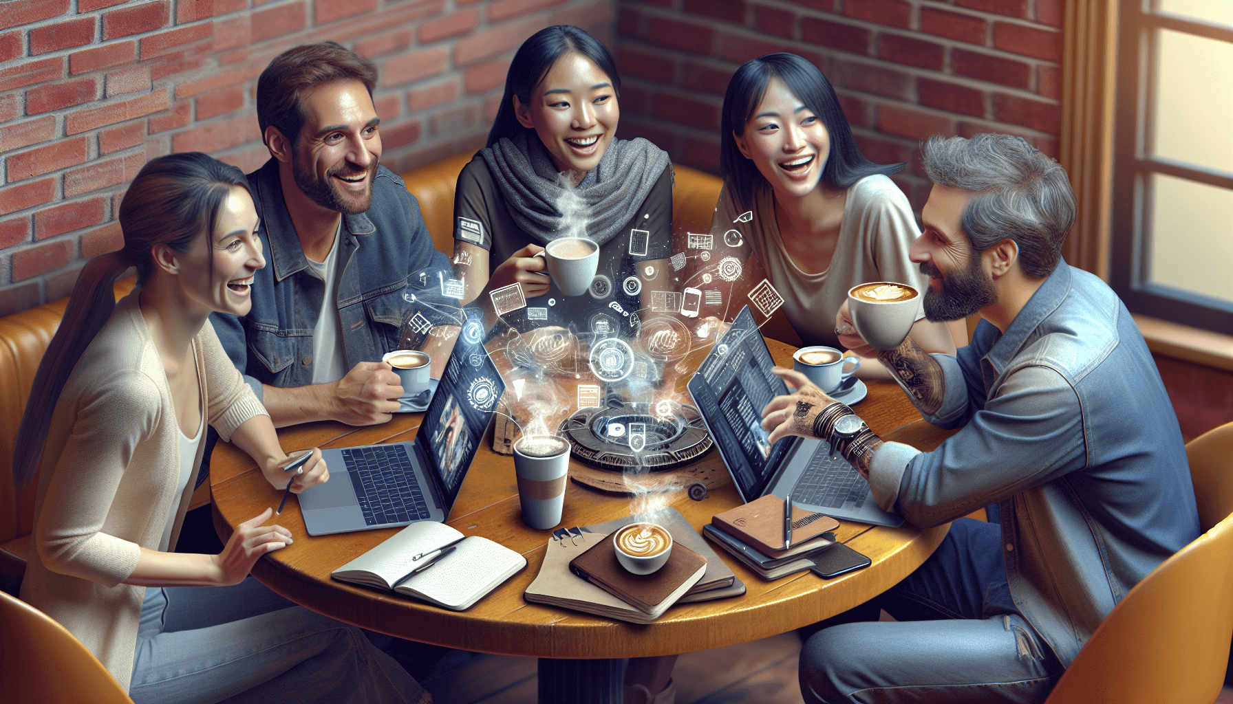 A Caucasian woman, a Hispanic man, and an Asian woman are sitting around a wooden table filled with laptops, notebooks, and steaming cups of coffee. T