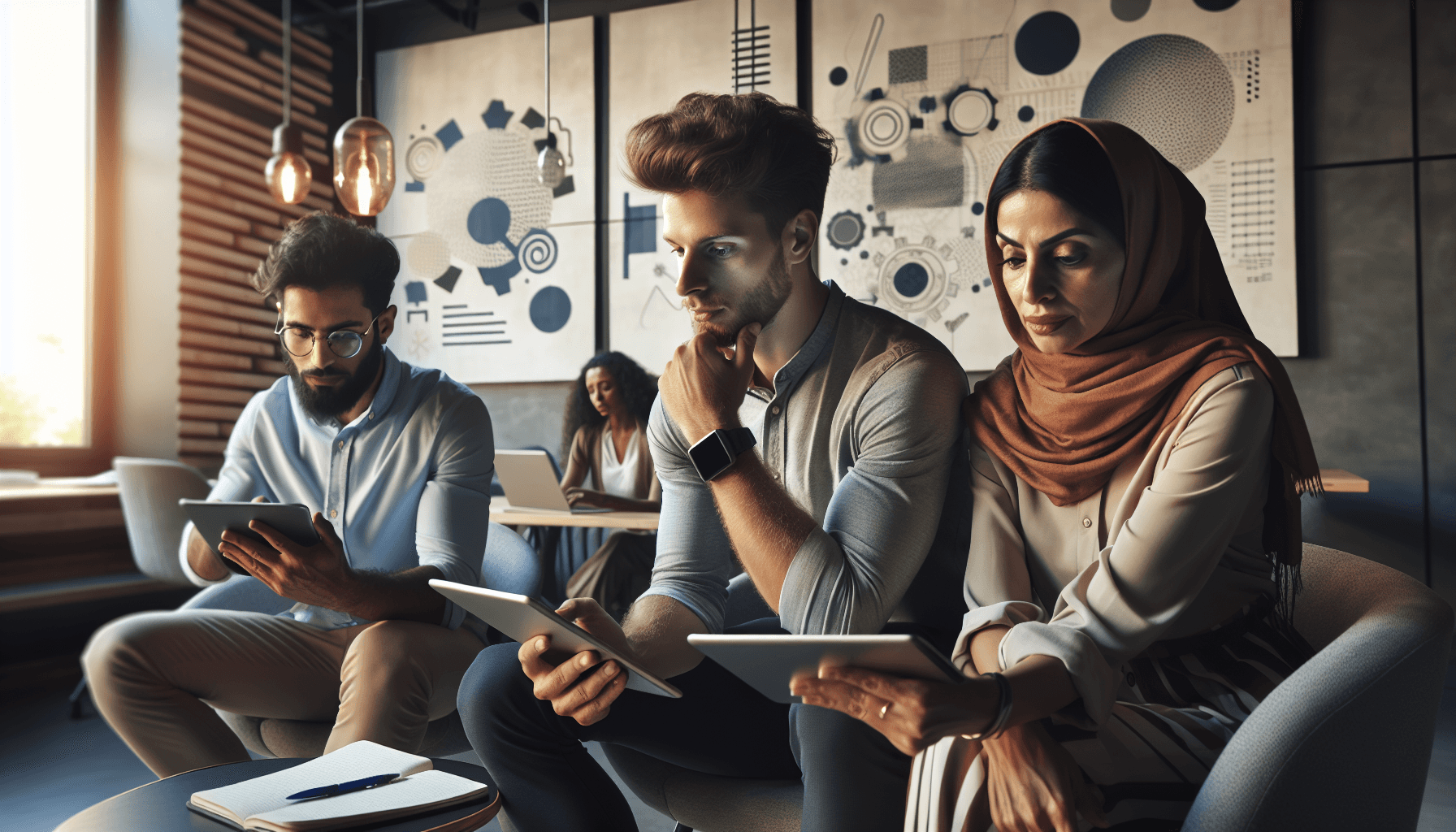 A Middle-Eastern woman and a Hispanic man are engaged in a collaborative brainstorming session in a modern, stylish office. They are surrounded by ope