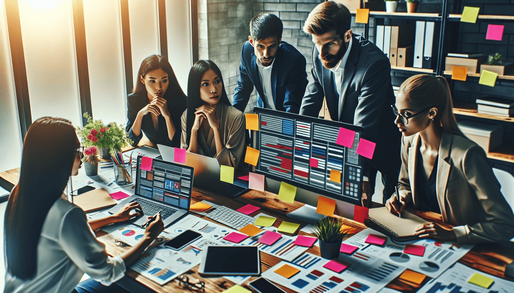 A diverse team of professionals, including a Caucasian man, a Hispanic woman, and an Asian woman, collaborating around a large desk filled with colorf