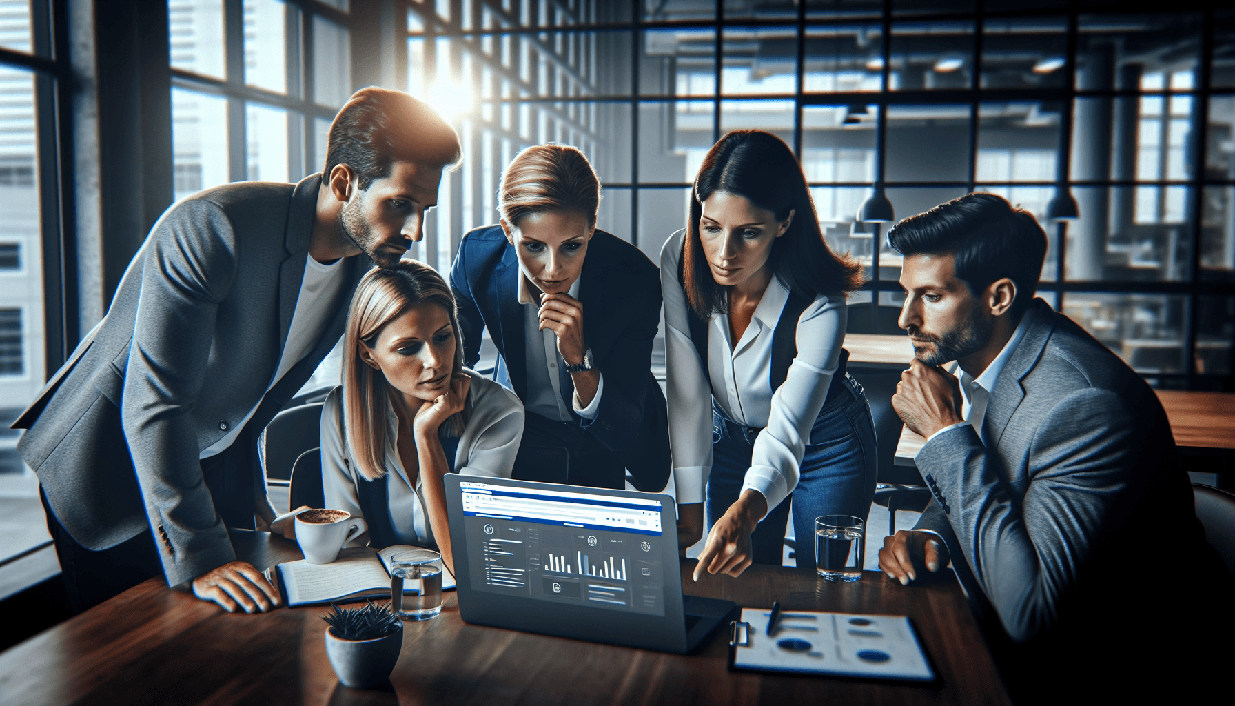 A group of business professionals, featuring a Caucasian woman and an Asian man, intensely focused on a laptop in a modern office. They are huddled to