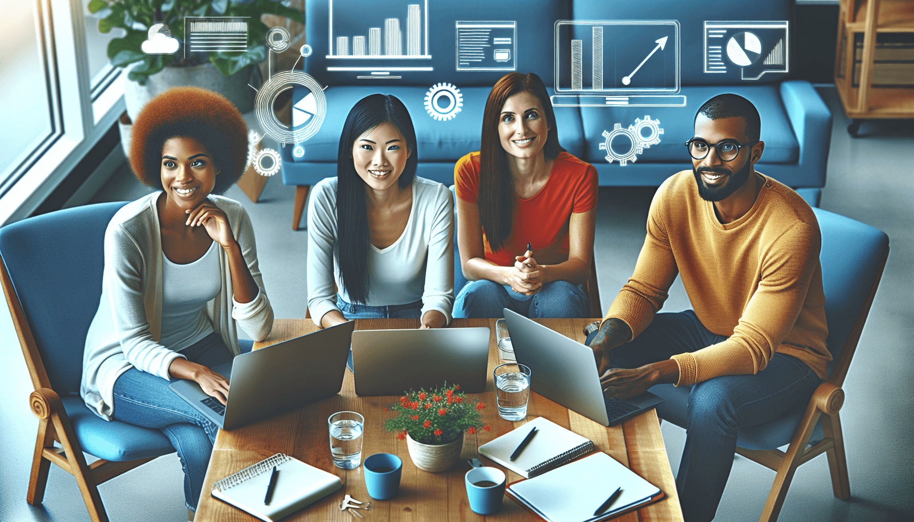 A multicultural brainstorming session featuring a Caucasian woman, a Hispanic man, and an Asian woman seated around a comfortable table with laptops a