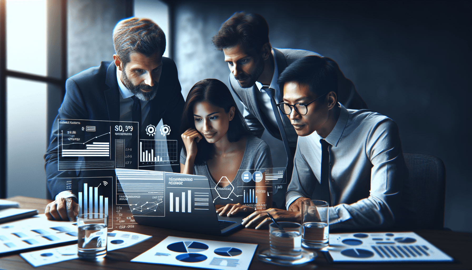 A professional group photo featuring a Caucasian man, a Hispanic woman, and an Asian man gathered around a laptop, deeply engaged in discussing digita