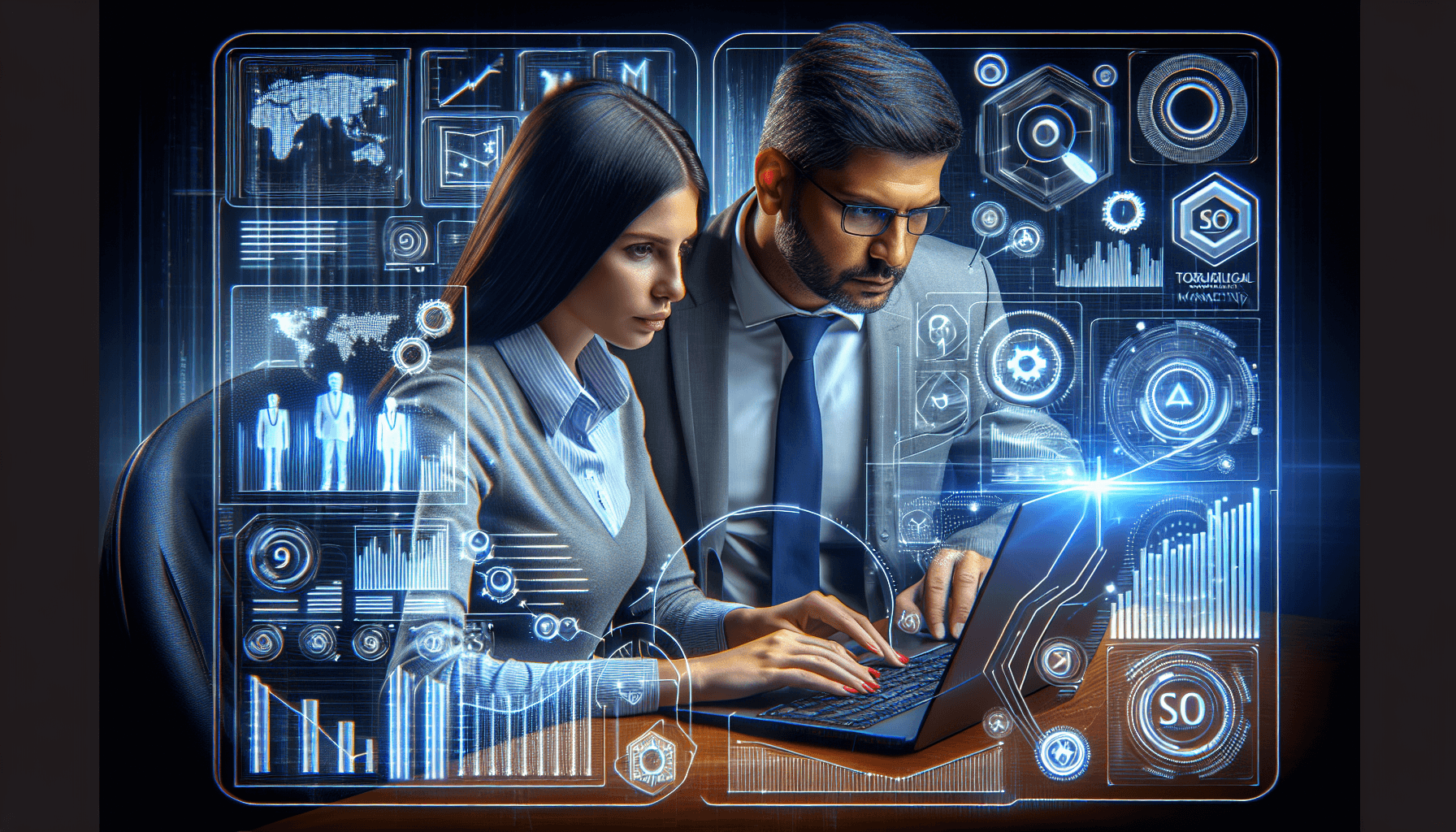 A Hispanic woman and a Middle-Eastern man are focused on a laptop displaying an SEO management tool, surrounded by vibrant charts and graphs represent