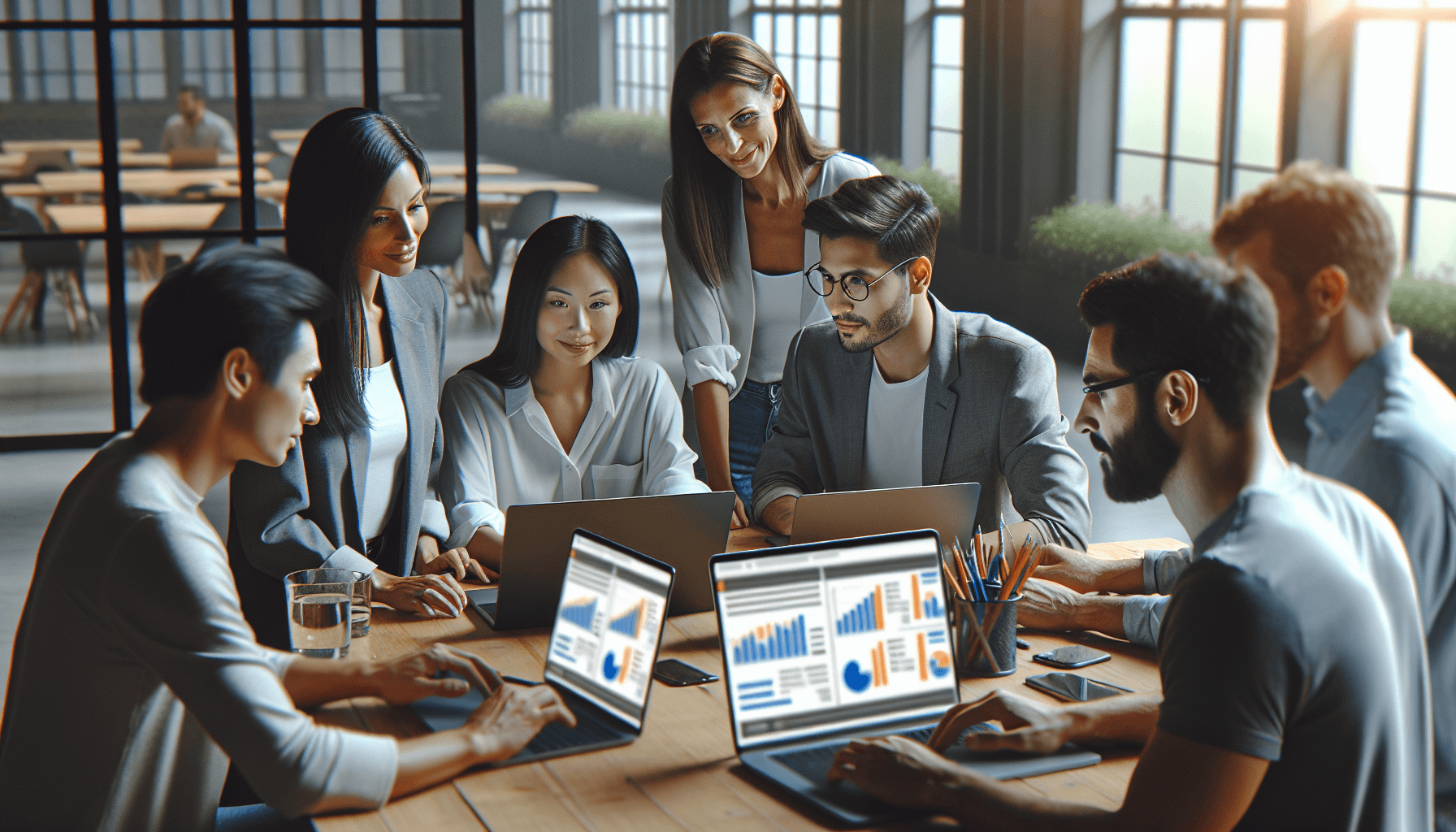 A diverse group of digital marketing professionals, including a Caucasian woman, an Asian man, and a Hispanic woman, collaborate around a round table