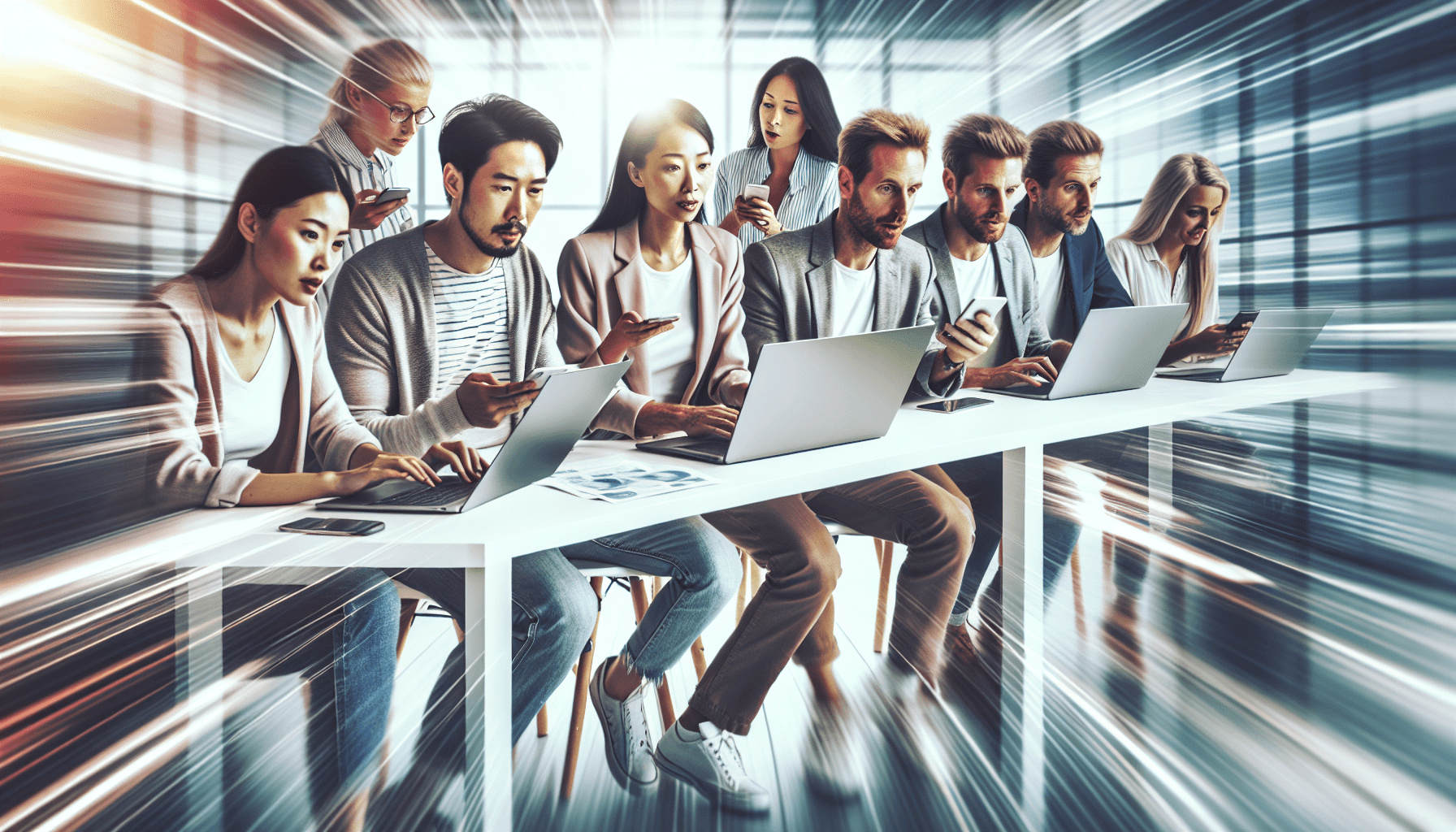 A diverse group of individuals of Caucasian, Asian, and Hispanic descents, intently focused on their laptops and smartphones in a modern office settin