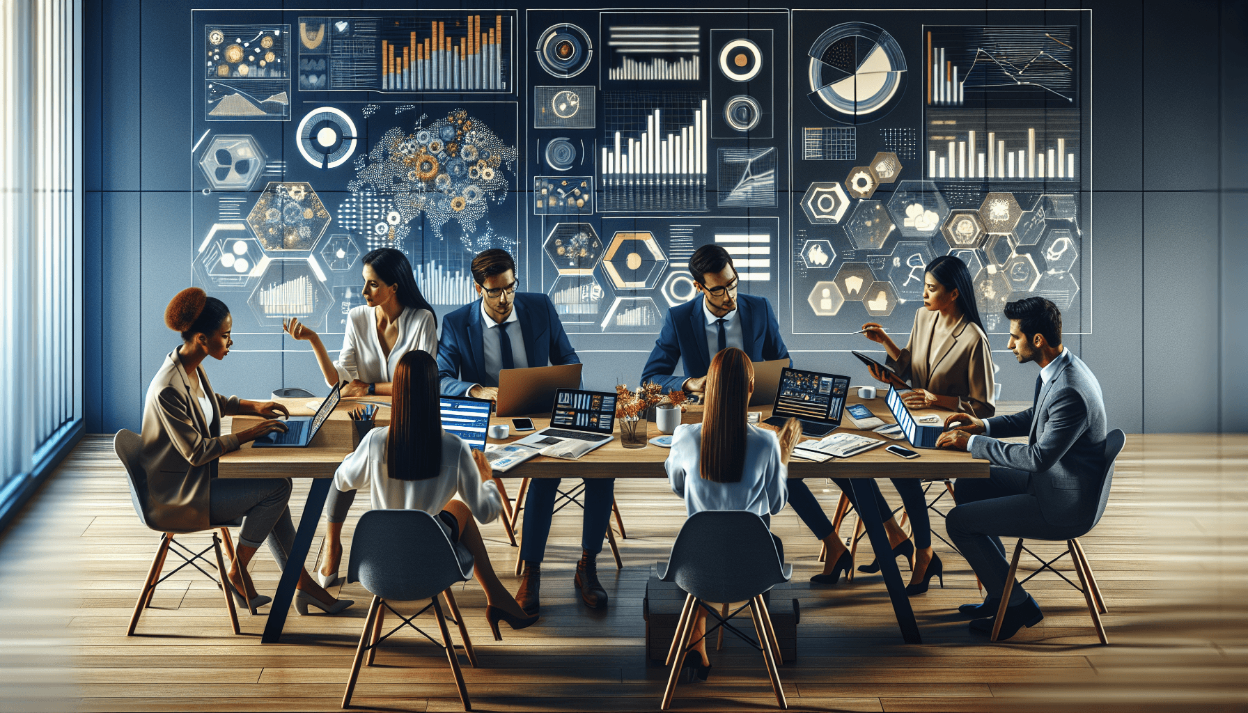 A diverse group of professionals, including a Caucasian woman, a Hispanic man, and an Asian woman, collaborating around a table filled with laptops, d