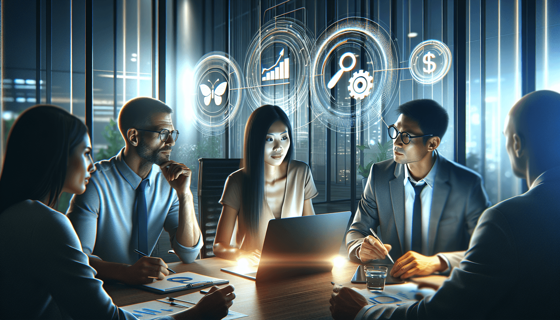 A diverse group of three professionals in a modern office, engaged in a deep discussion about digital marketing strategies. A Caucasian woman, an Asia