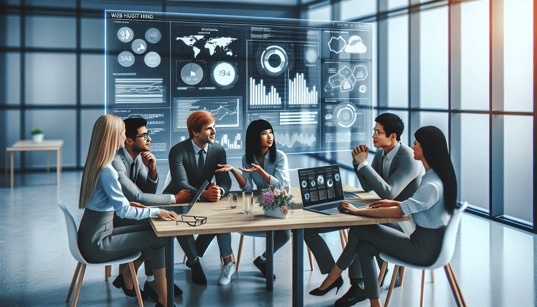 A modern office scene featuring a Caucasian male, a Hispanic female, and an Asian male gathered around a laptop on a sleek conference table. They are