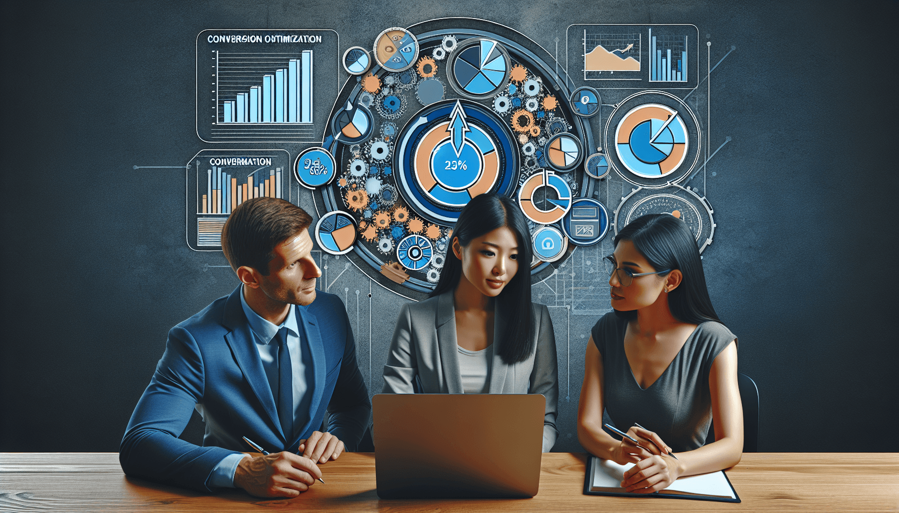 Three diverse professionals engaged in a collaborative discussion around a laptop, featuring an Asian woman, a Caucasian man, and a Hispanic woman. Th