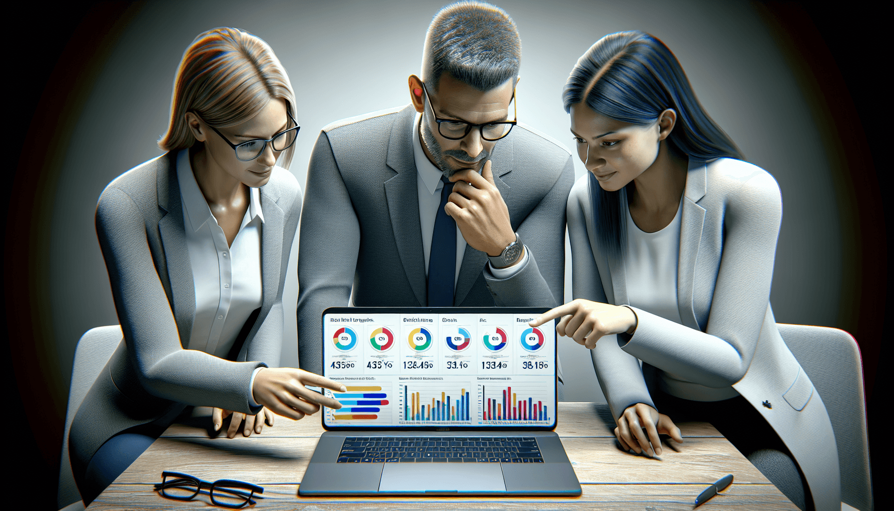 A Caucasian woman, an Asian man, and a Hispanic woman are closely gathered around a small laptop, deeply engaged in analyzing colorful visual represen