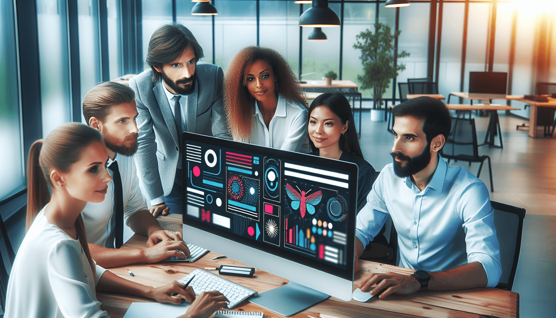 A diverse group of four professionals collaborates in a modern office setting, gathered around a computer screen. The team includes a Caucasian man, a