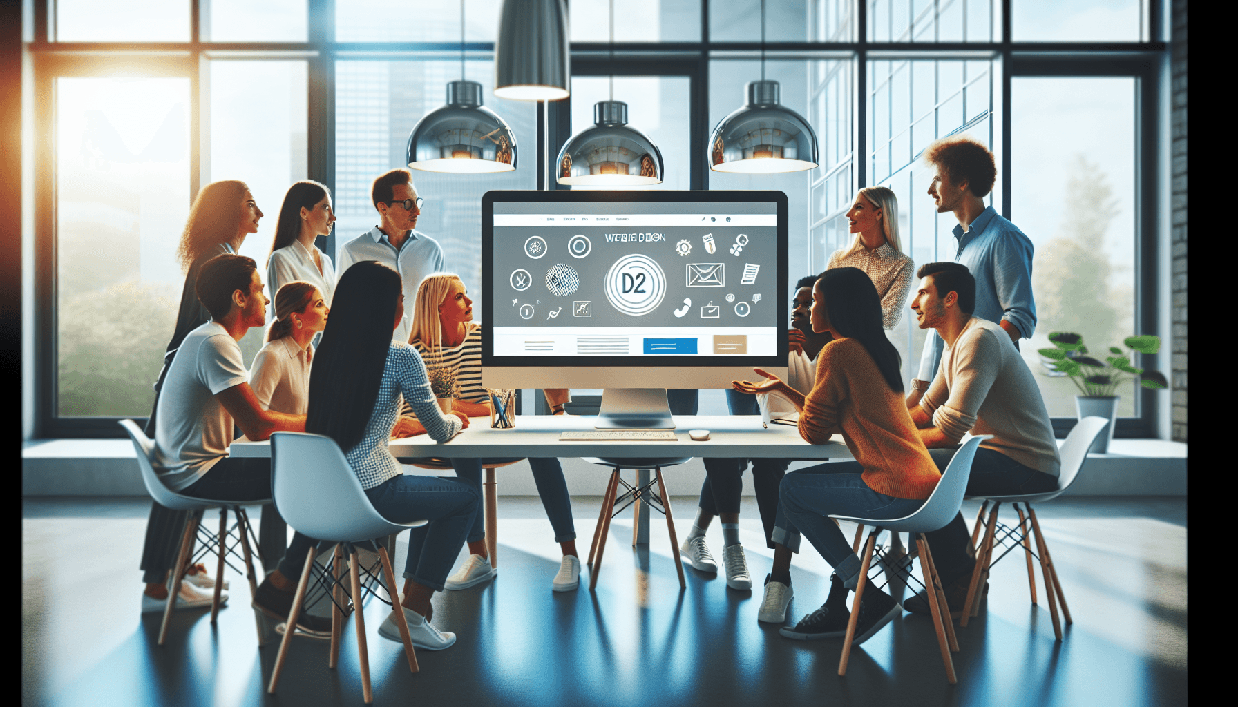 A diverse group of individuals, including Caucasian, Asian, and Hispanic people, gathered around a modern computer in a bright and inviting workspace.