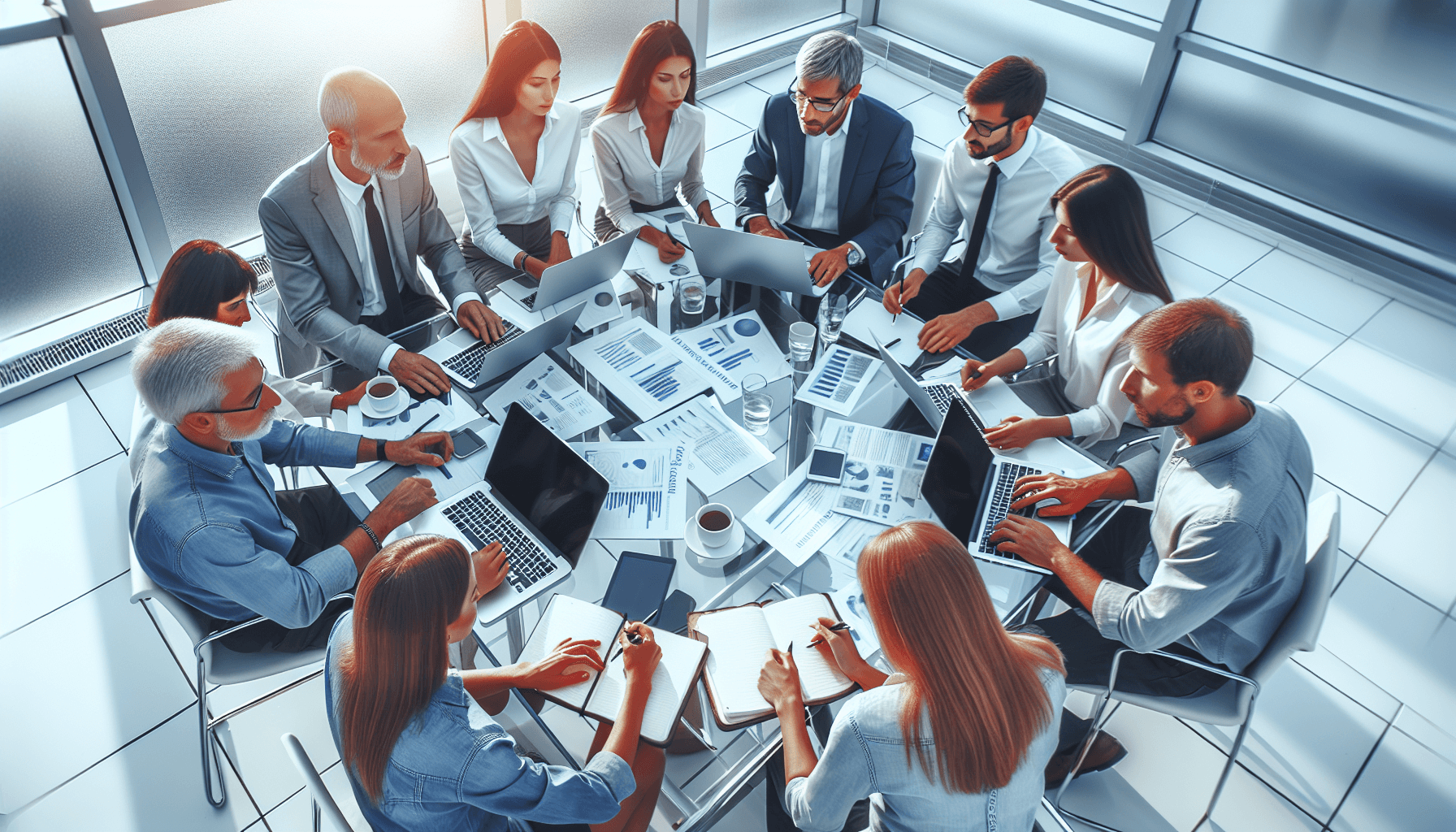 A diverse group of professionals, including Caucasian, Hispanic, and Asian individuals, collaborates around a large table filled with laptops, note...