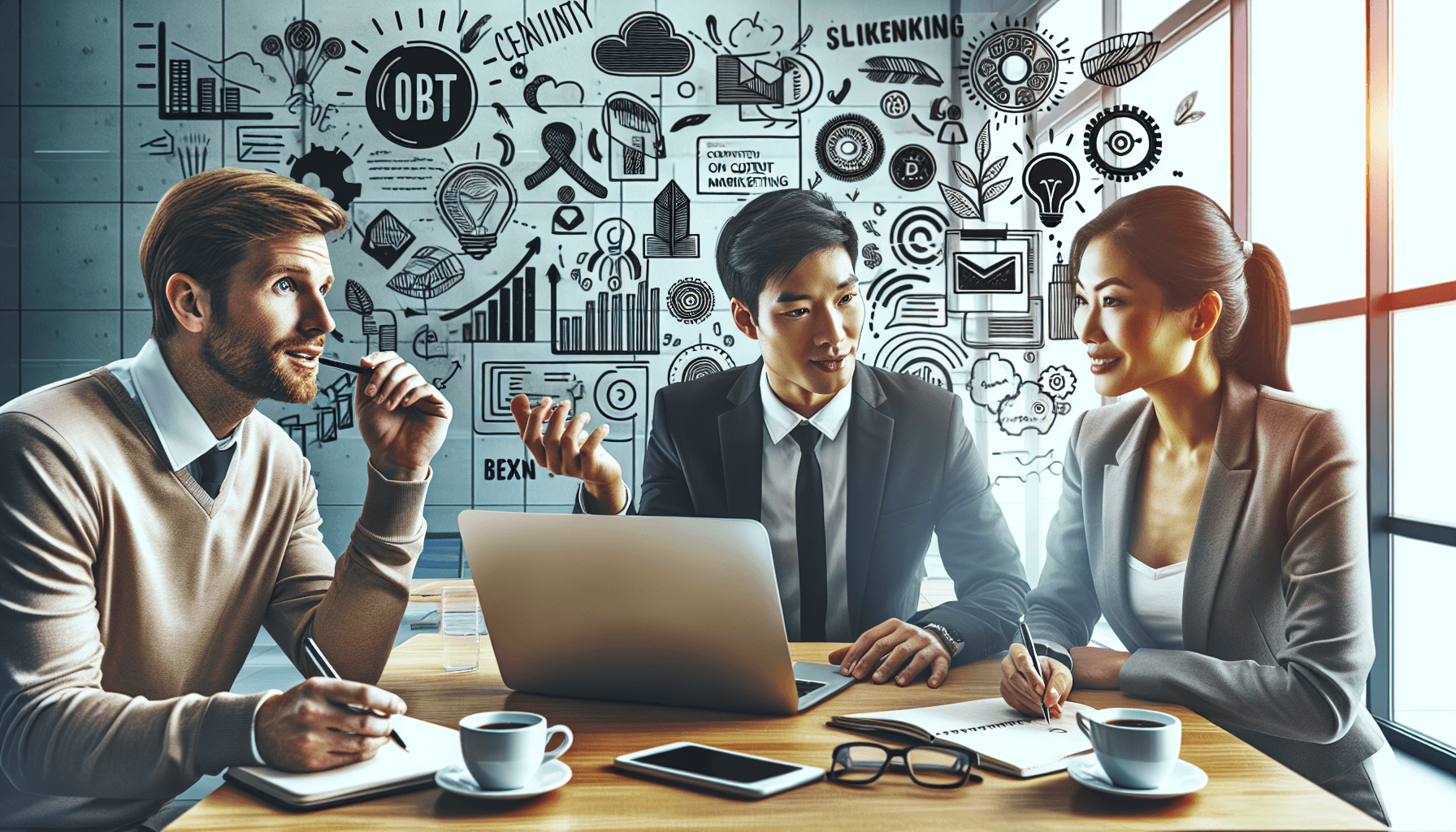 A diverse group of three professionals collaborating in a modern office. A Caucasian man gestures towards a laptop screen, sharing ideas. A Hispanic w