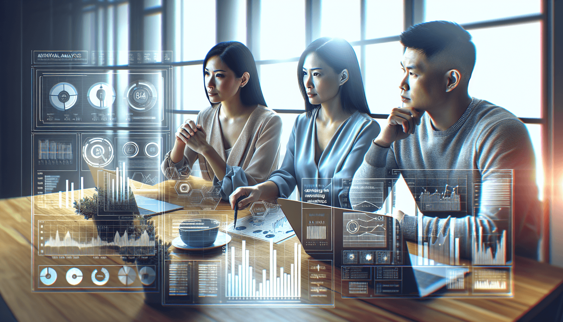 A diverse team of professionals, including a Caucasian woman, an Asian man, and a Hispanic woman, engaged in an animated discussion around a table ...