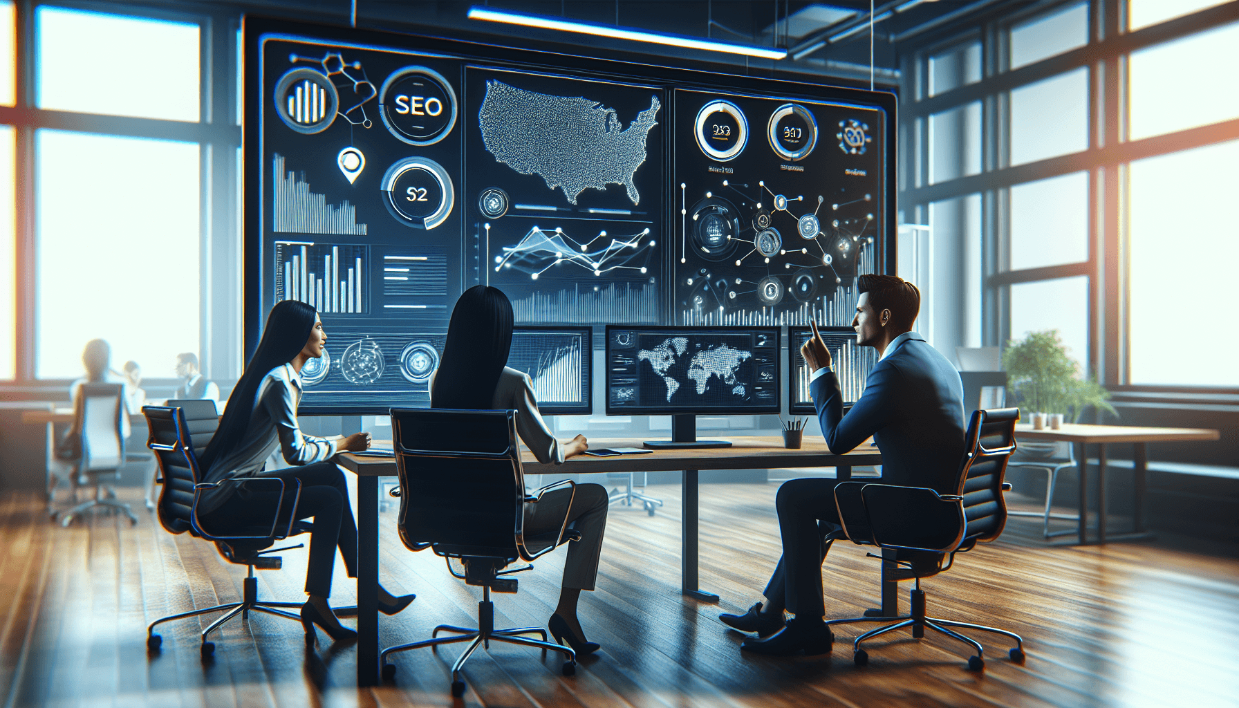 A modern office environment featuring three diverse individuals collaborating around a computer screen. The group includes a Caucasian man, an Asian w