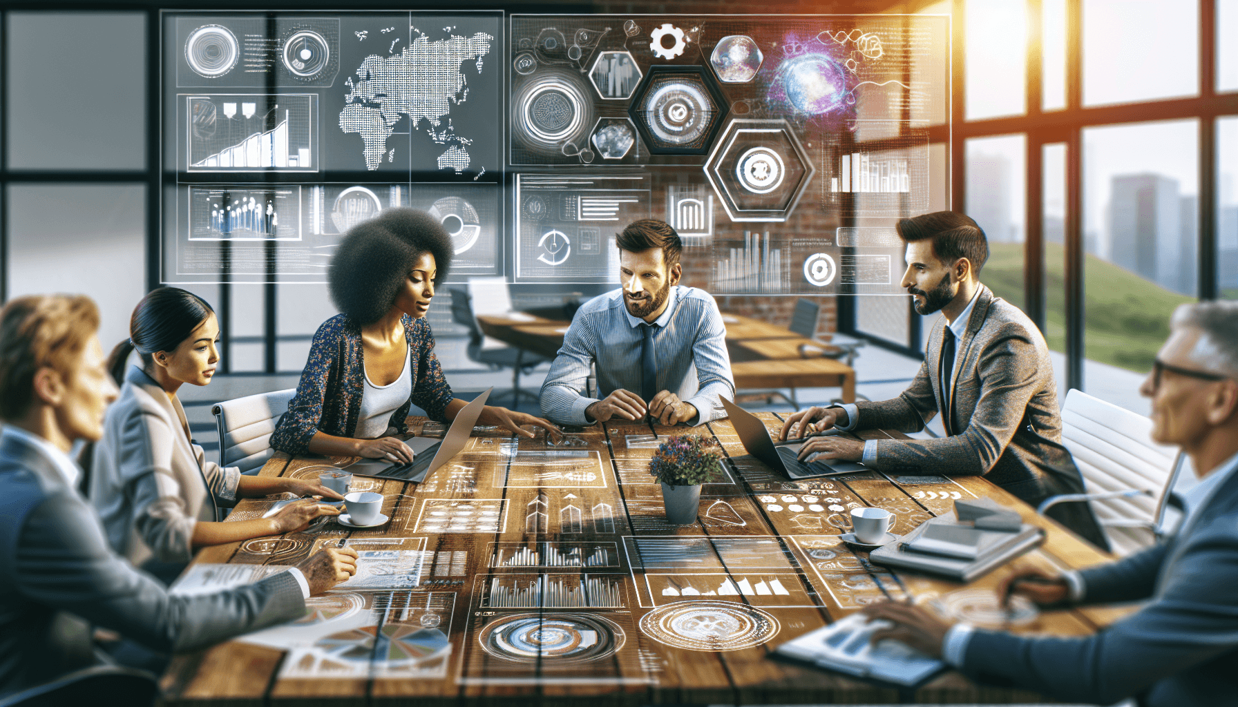 Three individuals of diverse descents—Caucasian woman, Hispanic man, and Asian woman—collaborating around a conference table filled with infographi...