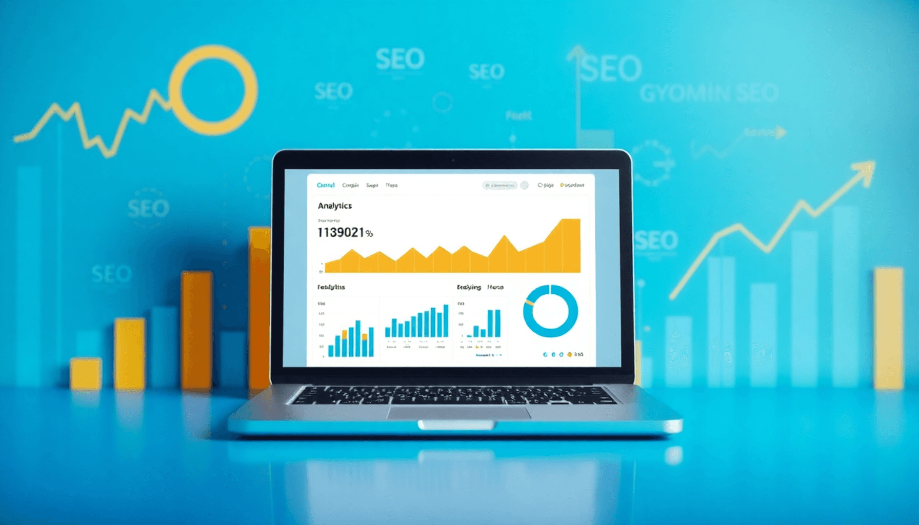 A bright, abstract image of a laptop showing website analytics and SEO metrics, surrounded by colorful graphs, charts, and keywords, symbolizing gr...