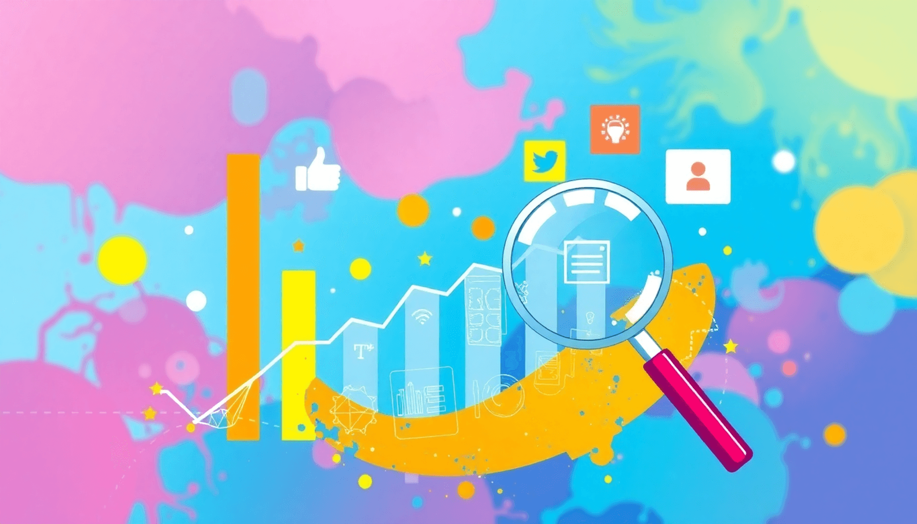 Abstract image showcasing a rising graph, a magnifying glass over digital content, and engagement icons like thumbs up and comments in bright color...