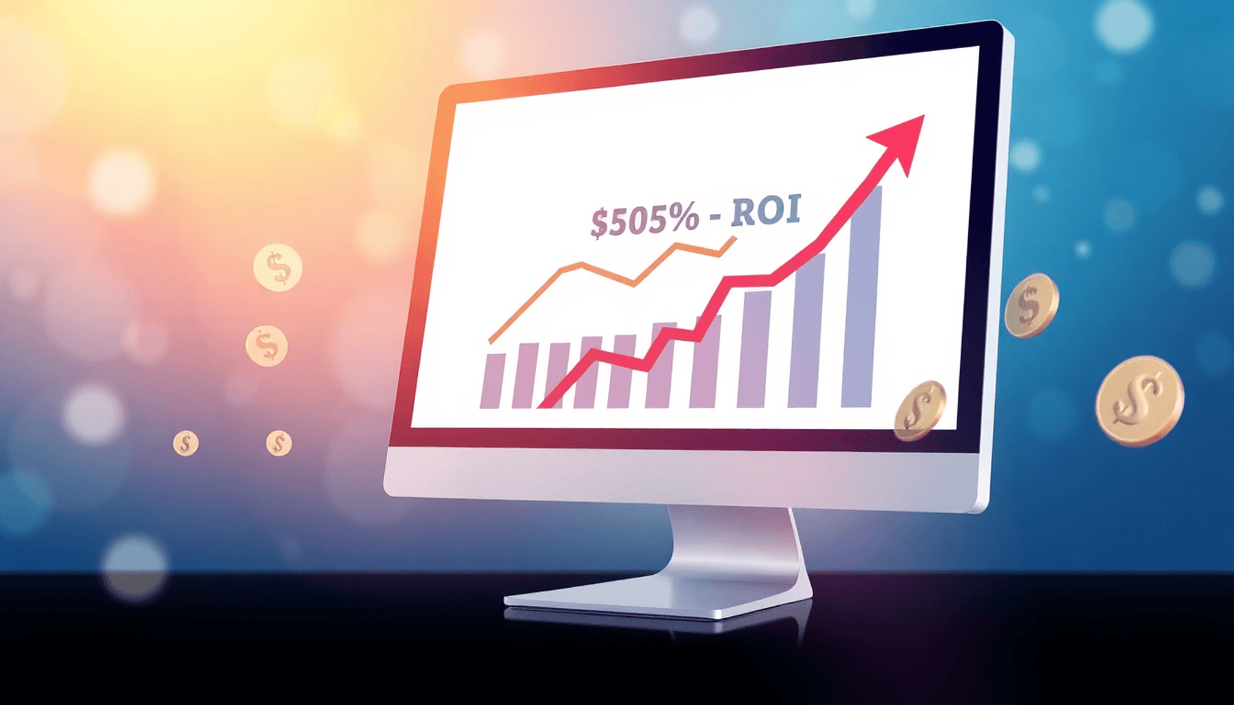 A bright, abstract image of a computer screen displaying a graph with decreasing cost per click metrics, surrounded by dollar signs and upward arro...