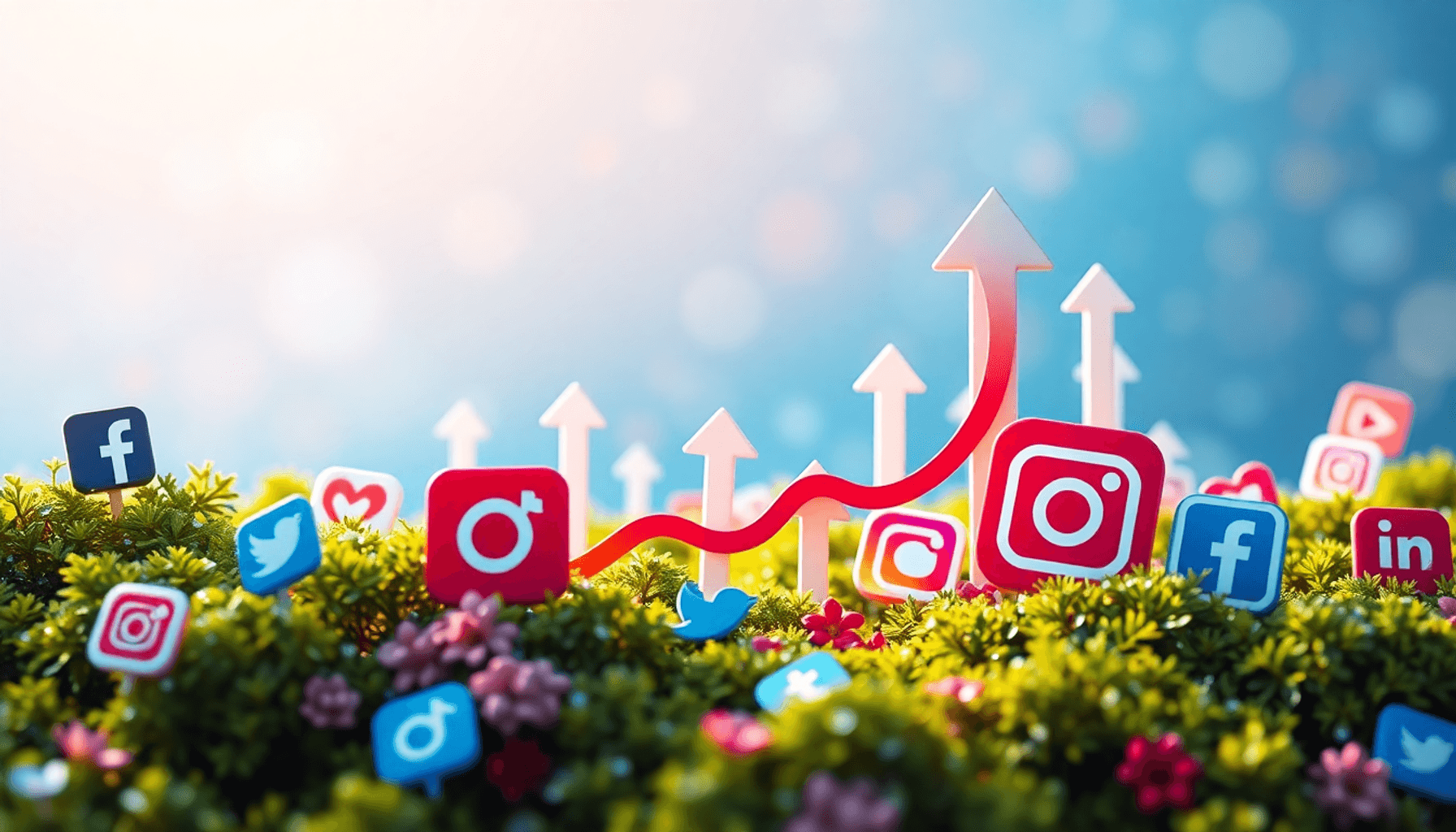 A colorful digital landscape with popular social media icons interconnected by upward arrows, symbolizing growth and SEO improvement against a brig...