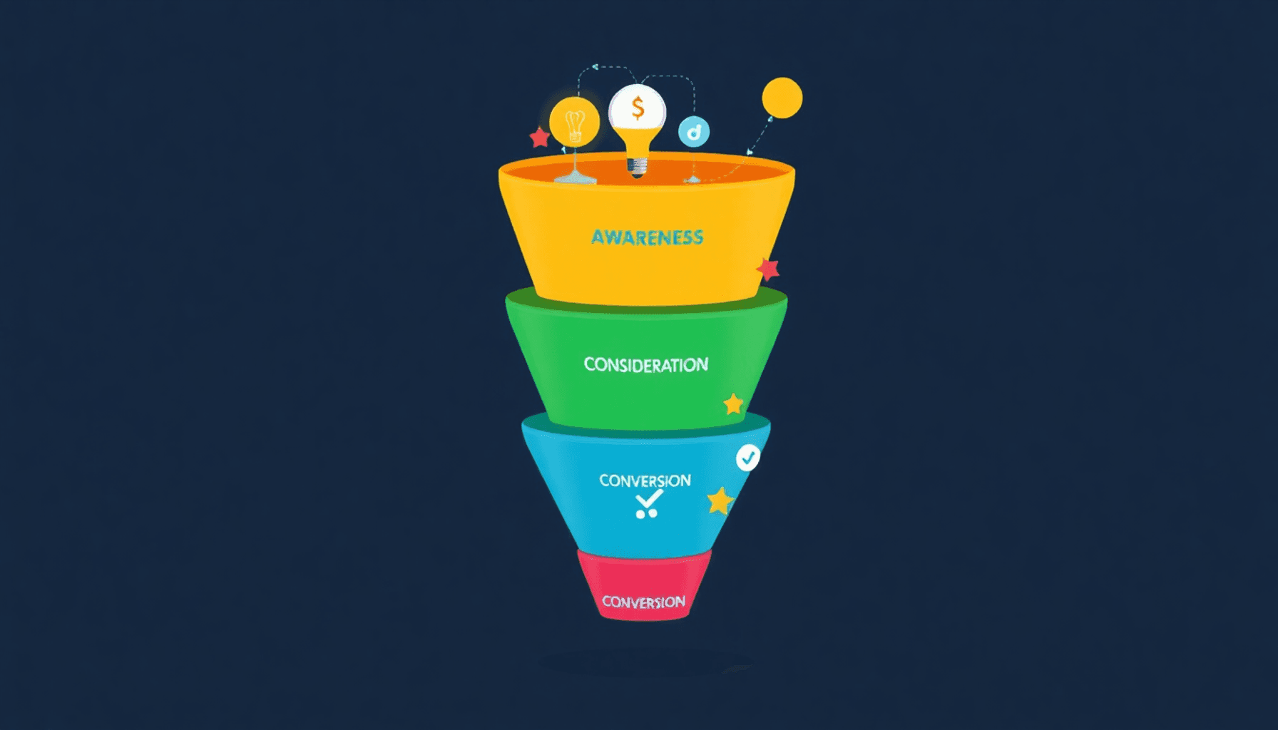 A colorful illustration of a marketing funnel with three stages: Awareness (lightbulbs), Consideration (scales), and Conversion (checkmark/shopping...