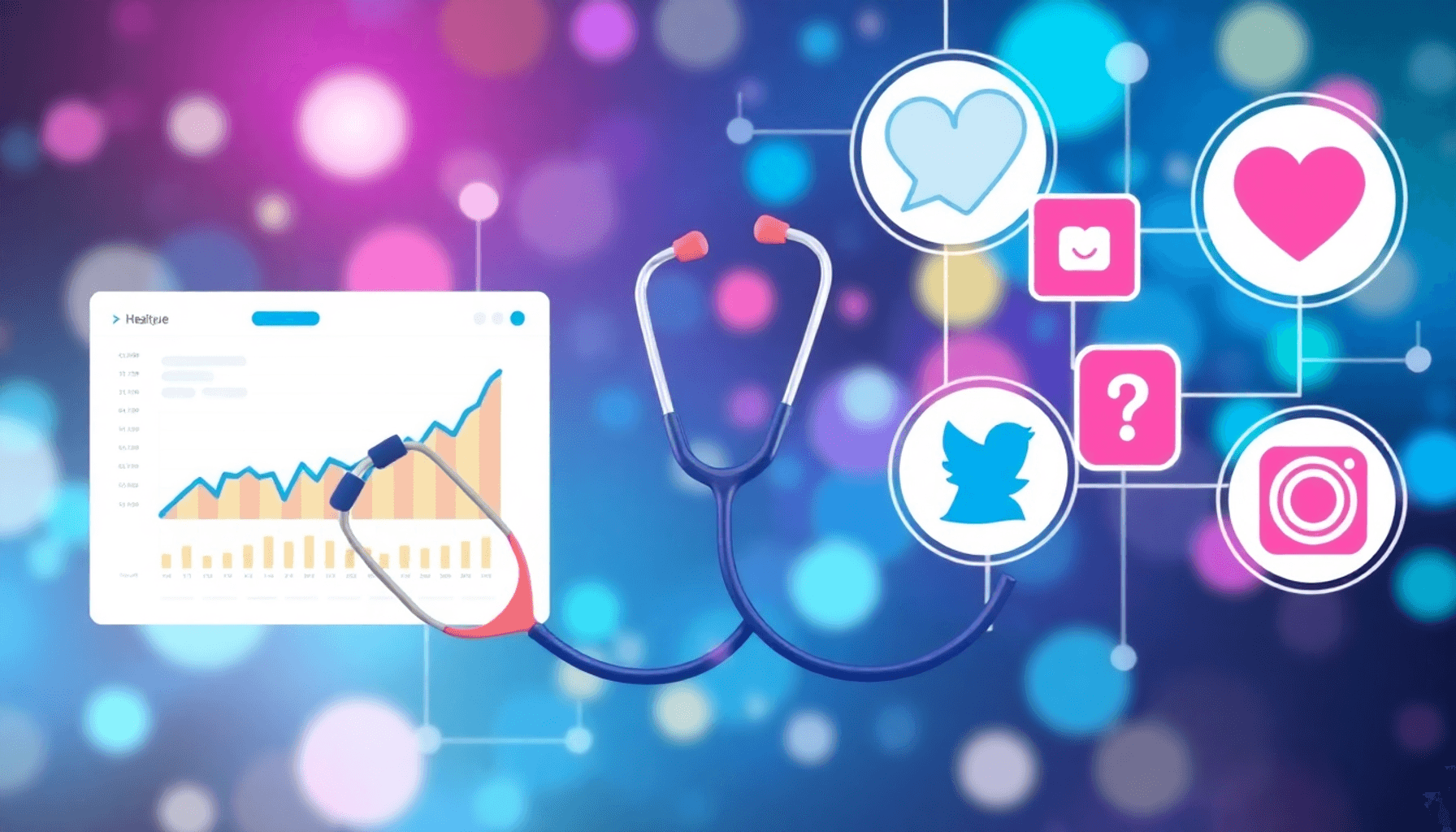 A colorful illustration showcasing a digital analytics dashboard, stethoscope, and social media icons, symbolizing innovation and connectivity in h...