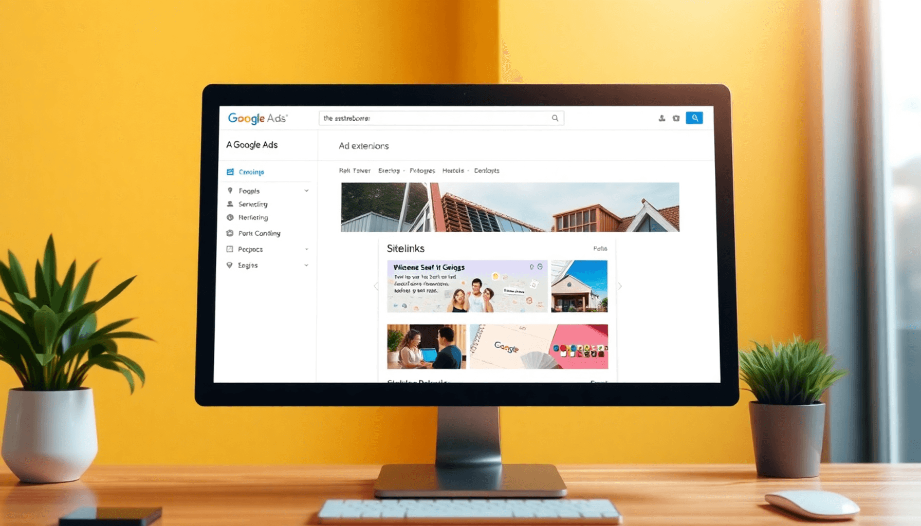 A computer screen shows a Google Ads dashboard with highlighted ad extensions and colorful sitelink options, set against a bright, inviting backgro...