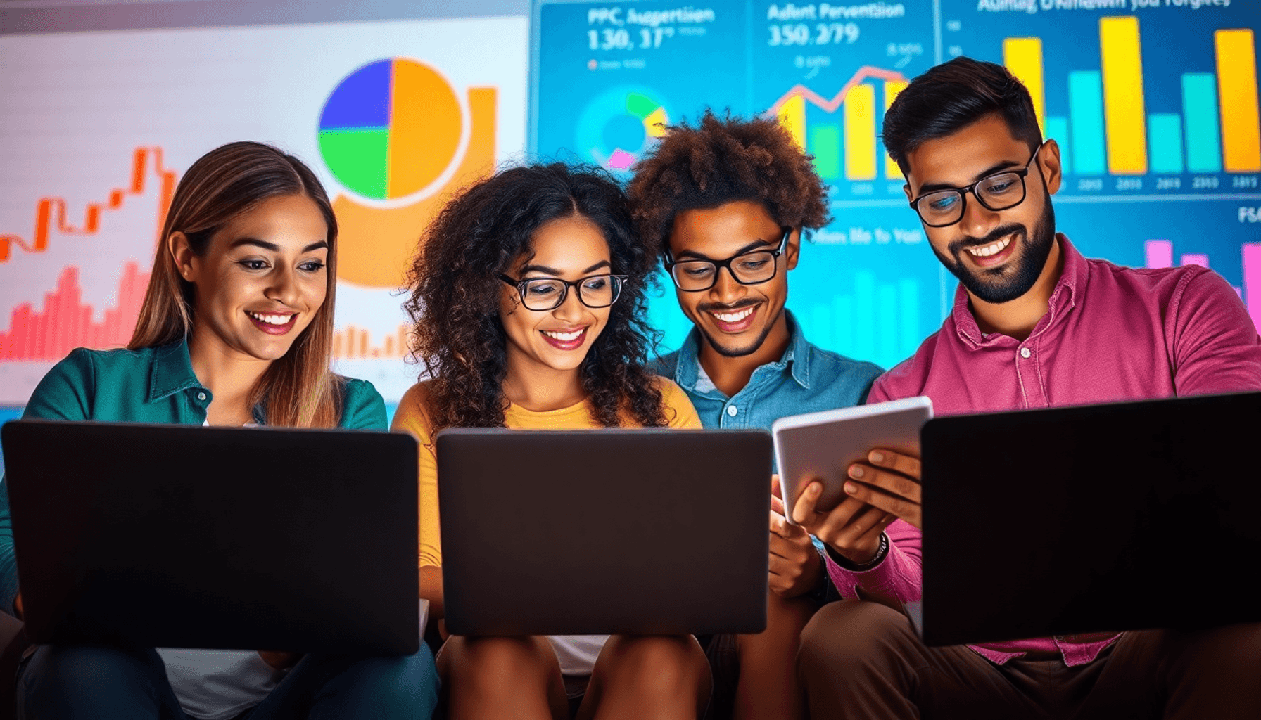 A diverse group of people analyzing digital marketing data on laptops and tablets, surrounded by colorful graphs and charts illustrating audience s...