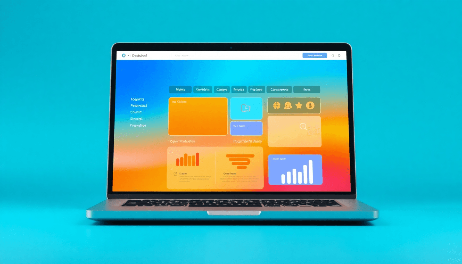 A laptop screen shows a colorful, personalized website interface with graphs, charts, and engagement icons, set against a bright, modern background.