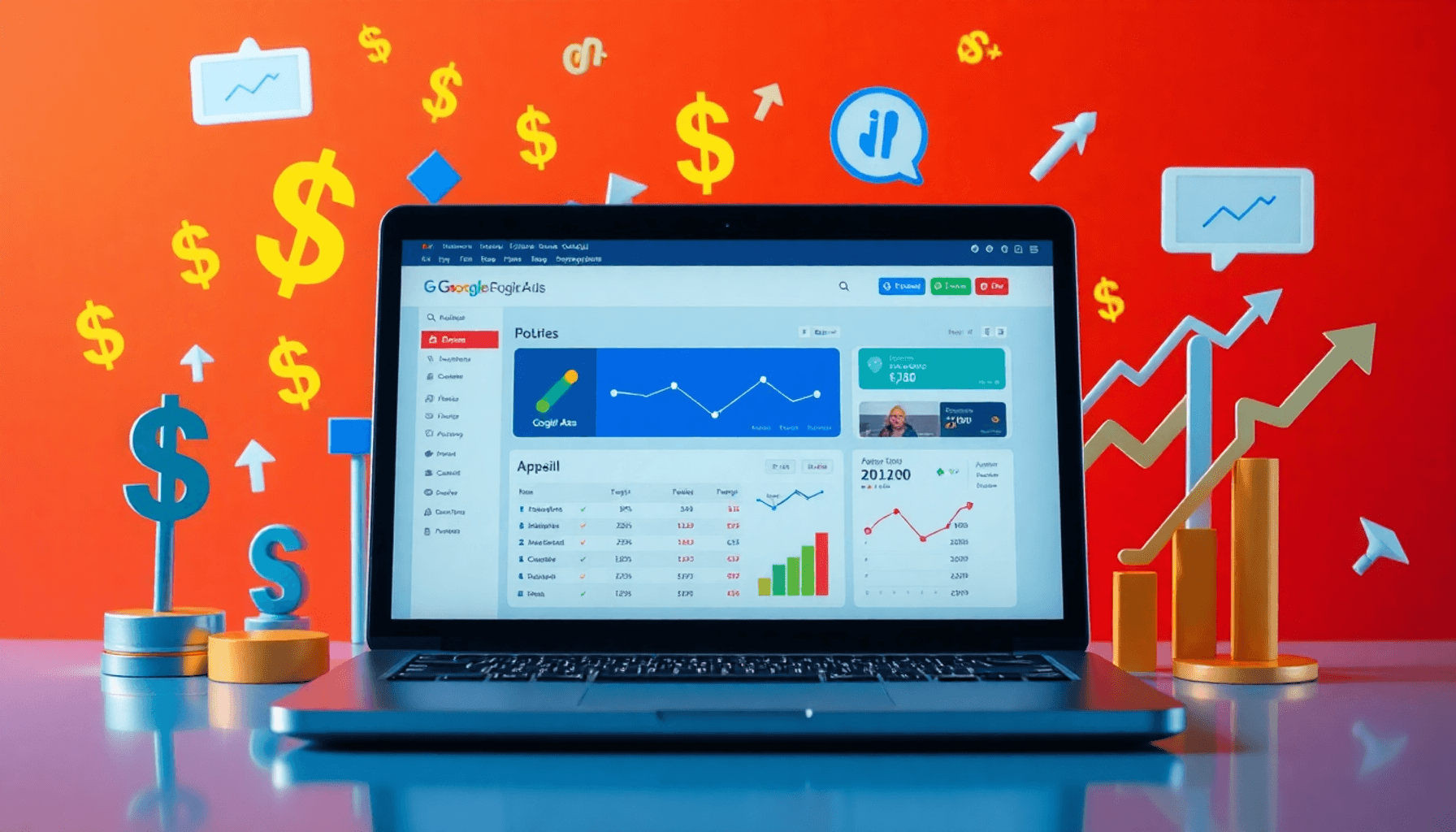 A laptop showing a Google Ads dashboard, surrounded by dollar signs, click buttons, and upward trending graphs in a vibrant, colorful setting.