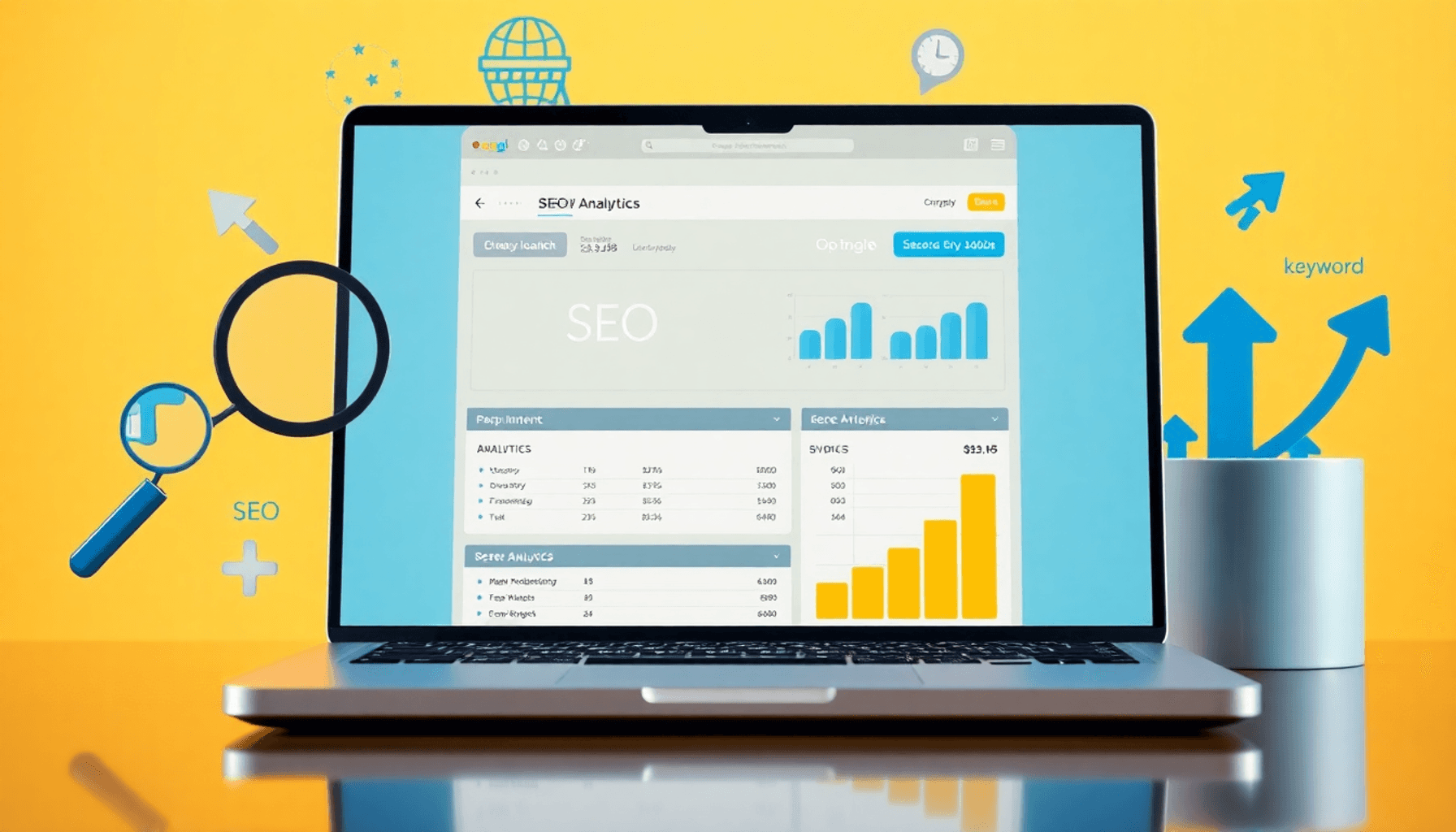 A laptop showing a website analytics dashboard, surrounded by SEO symbols like magnifying glasses and upward arrows, set against a bright, engaging...