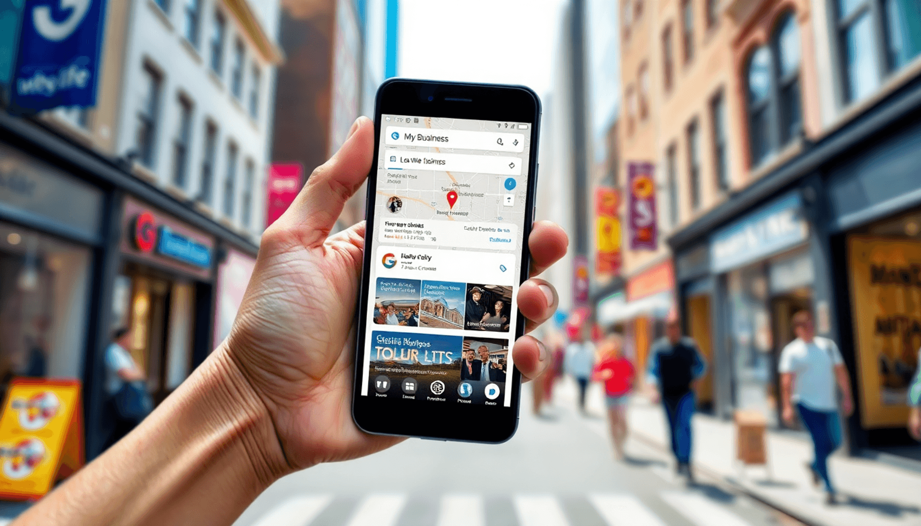 A smartphone showing the Google My Business interface with a highlighted local listing, set against a colorful, bustling urban street scene.