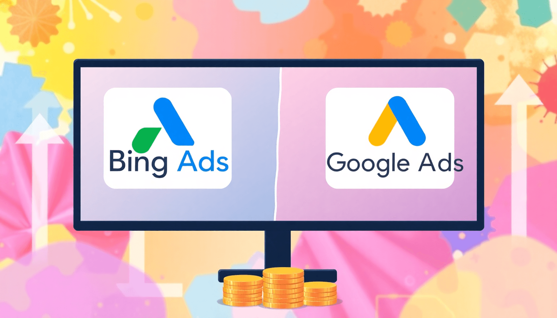 A vibrant split-screen graphic showcasing the Bing Ads and Google Ads logos, with upward arrows, graphs, and symbols like coins highlighting growth...