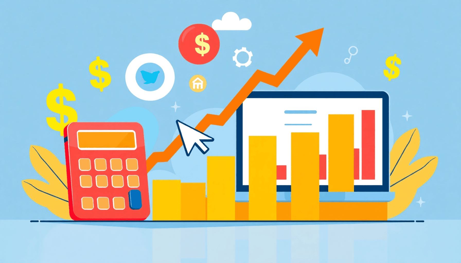 An abstract digital marketing illustration featuring a calculator, dollar signs, an upward trend graph, a mouse cursor clicking an ad, and a laptop...