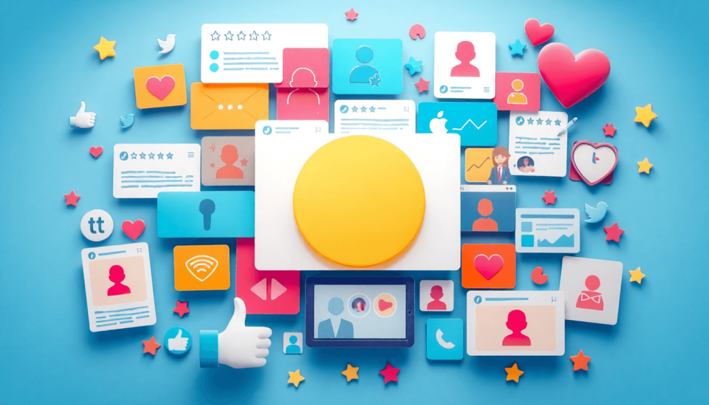 A colorful collage of social media posts, reviews, and videos featuring thumbs up, heart emojis, and star ratings, symbolizing trust and community ...