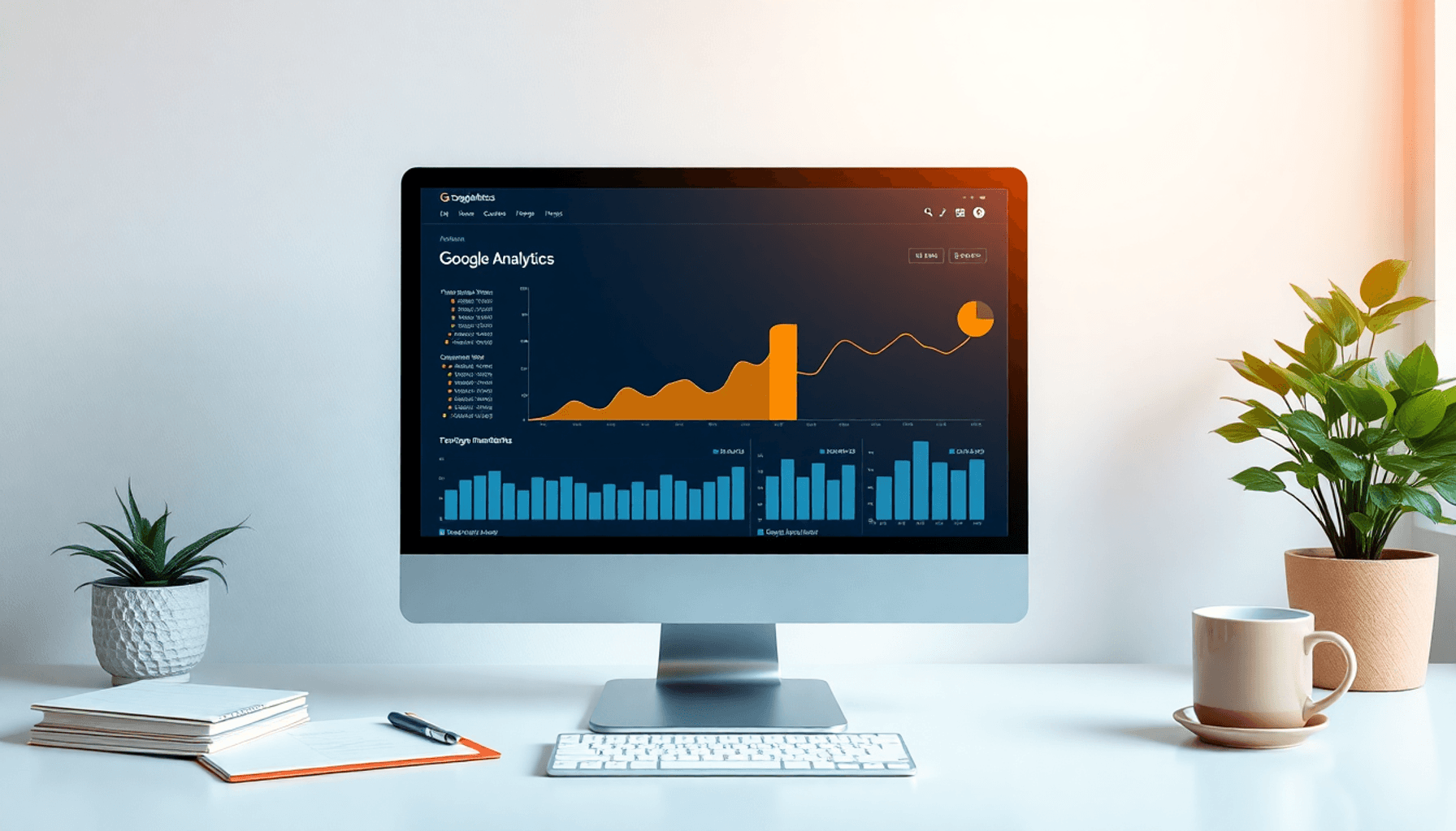 A computer screen shows Google Analytics data with colorful graphs and charts, surrounded by a bright workspace featuring notepads, coffee cups, an...