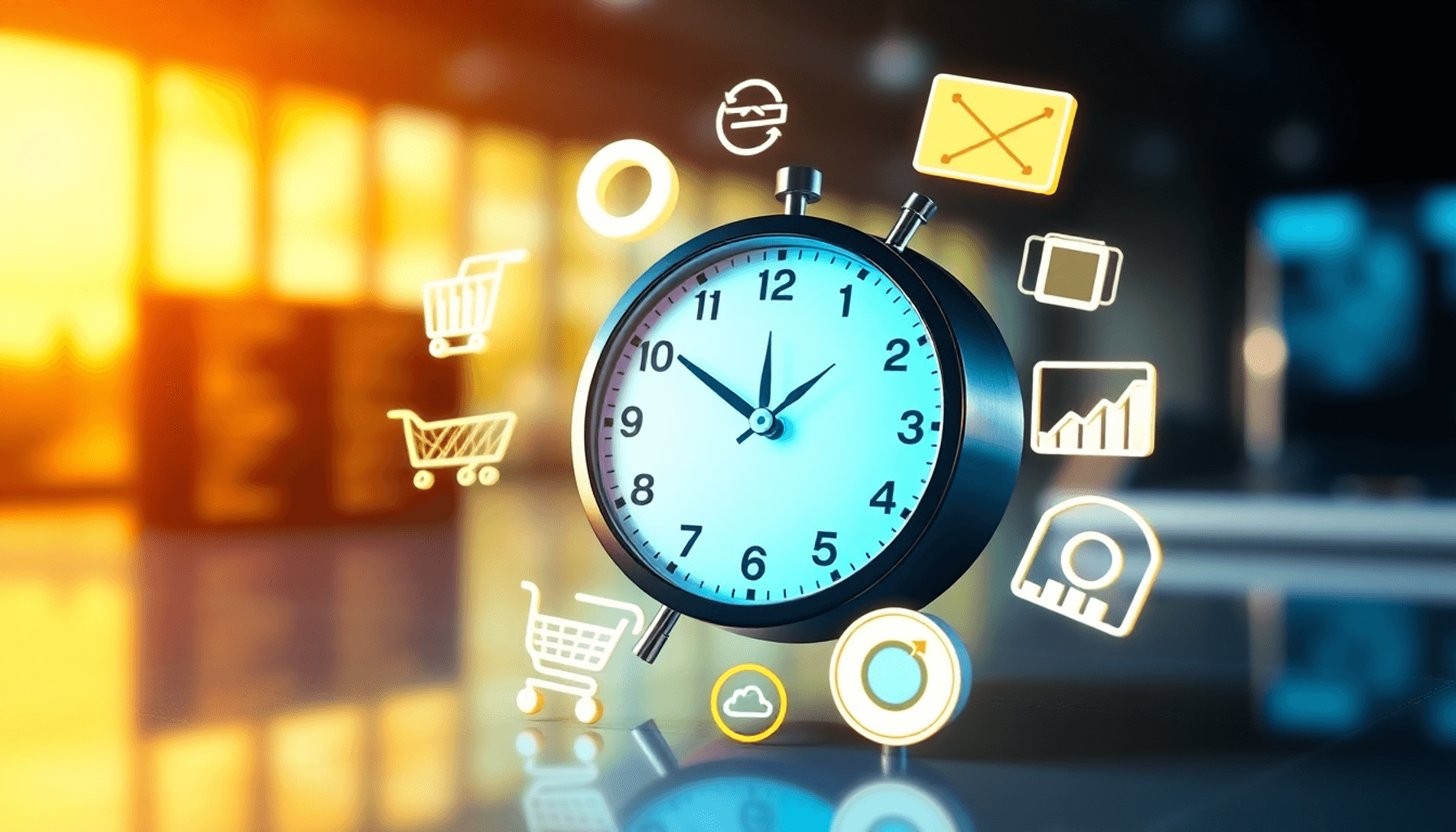 A digital clock surrounded by ad icons like a shopping cart, magnifying glass, and graph on a bright, modern background representing PPC advertisin...