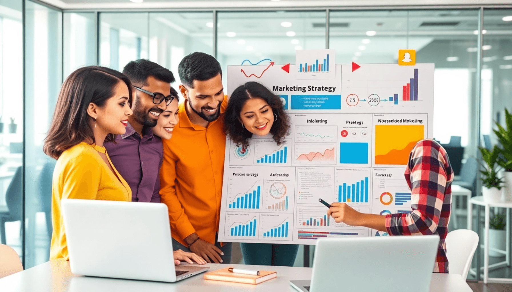 A diverse group of people collaborating around a digital marketing strategy board filled with charts and graphs in a modern office, surrounded by l...