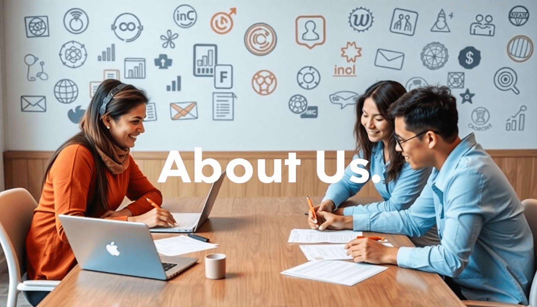 A diverse group of people collaborating around a table with laptops and notepads, brainstorming ideas for an "About Us" page, with branding element...