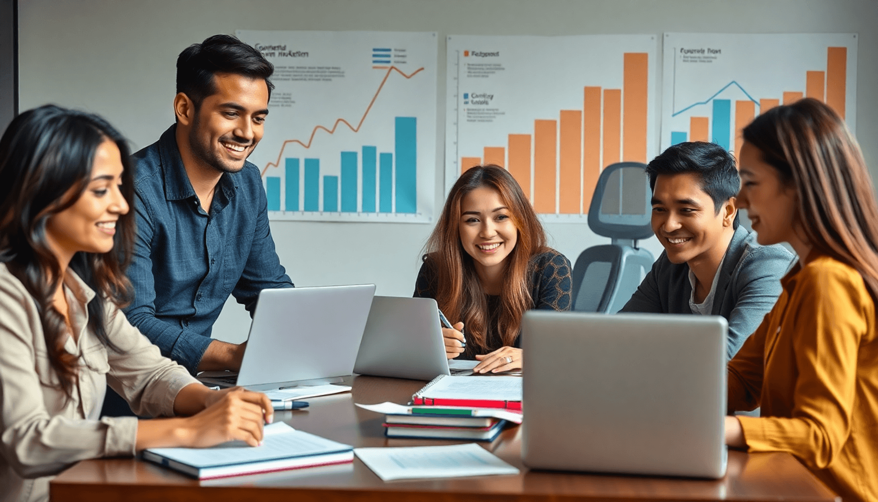 A diverse group of people engaged in a collaborative meeting with laptops and notepads, surrounded by charts and graphs symbolizing teamwork and cr...