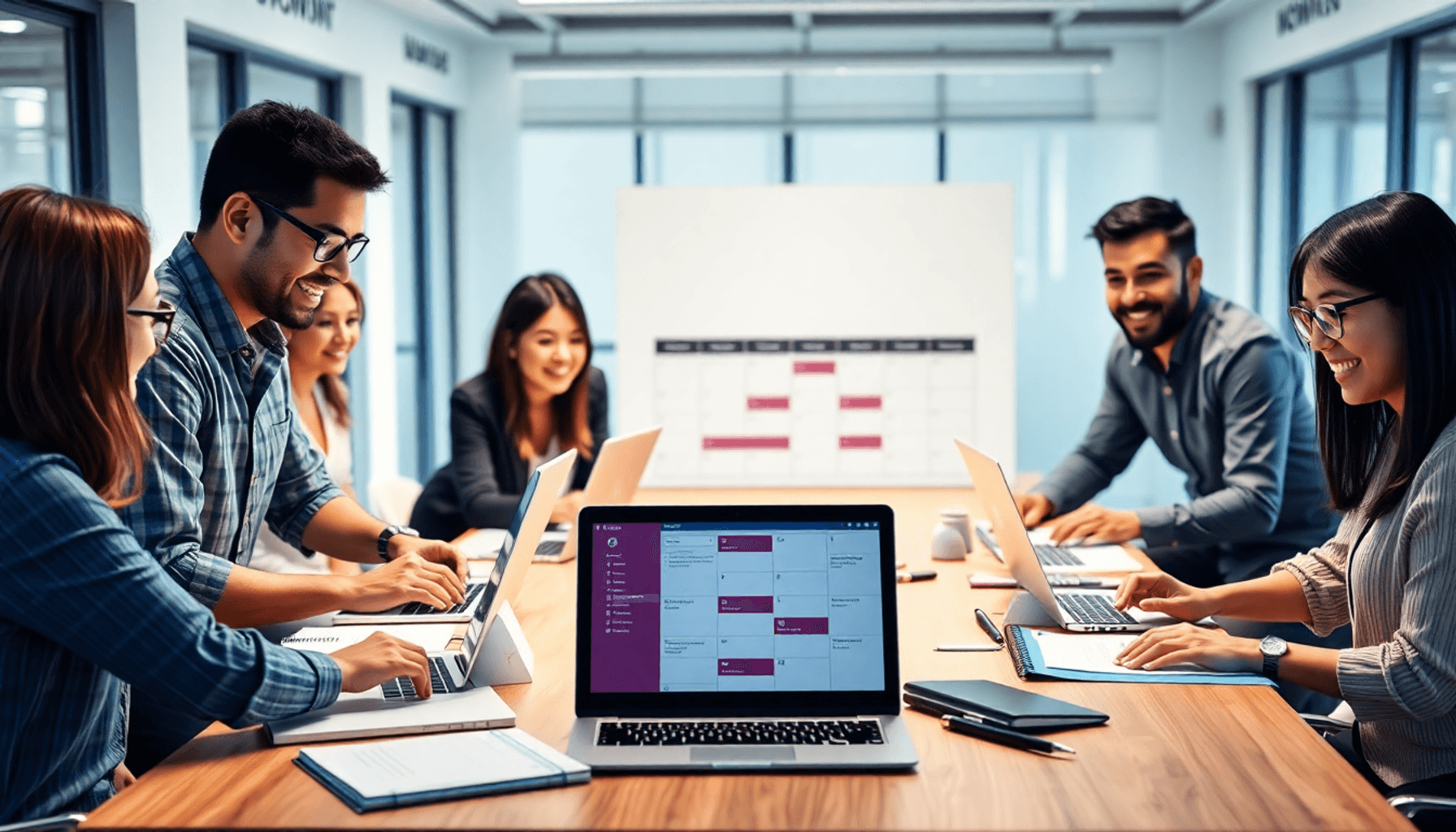 A diverse group of professionals collaborates around a large table with laptops and notebooks in a bright office, symbolizing teamwork for a produc...