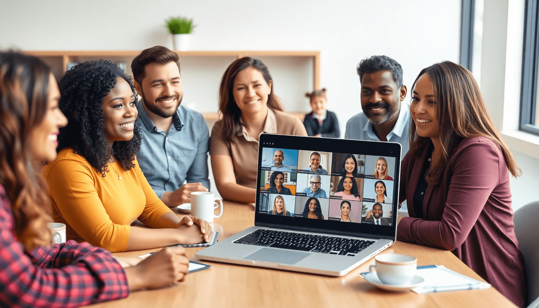 A diverse group of professionals participating in a live webinar, with a laptop showing the webinar interface, surrounded by notepads and coffee cups.